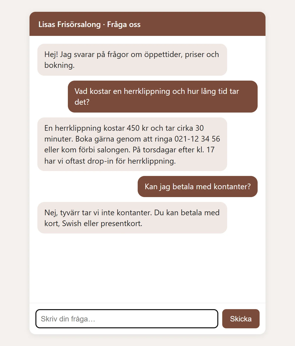 Chattfönster för Lisas Frisörsalong där boten svarar att en herrklippning kostar 450 kronor, tar cirka 30 minuter och att kontanter inte tas.