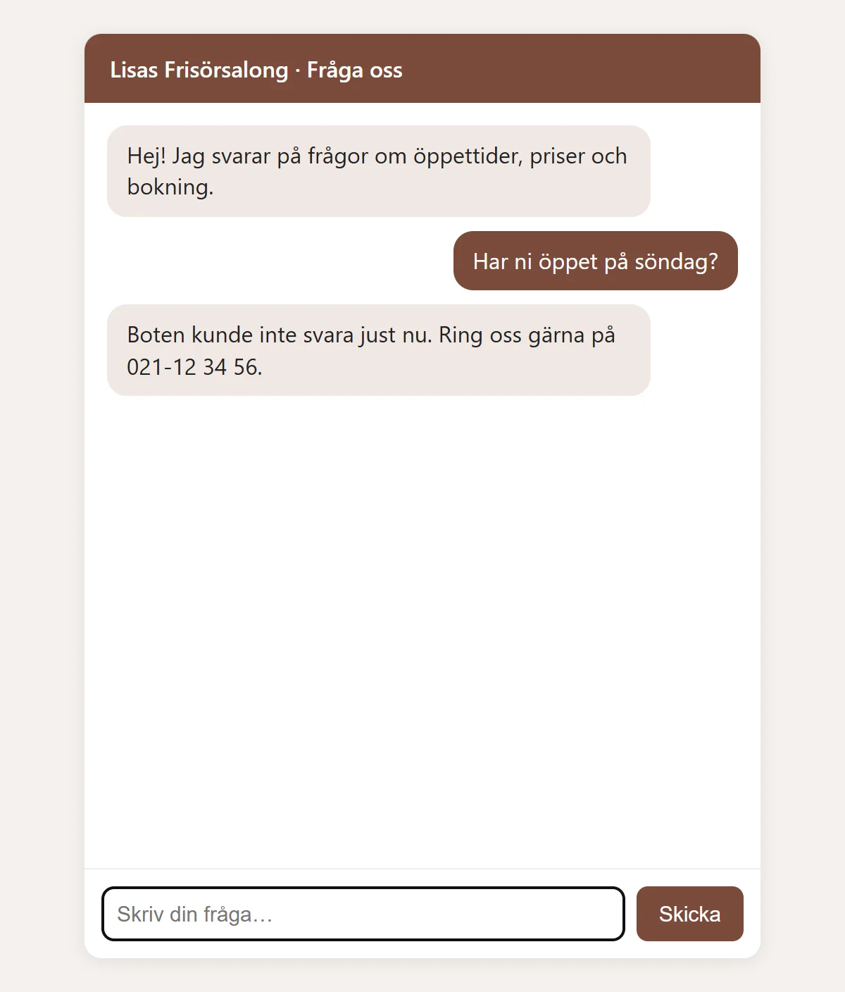 Chattfönstret där boten svarar att den inte kunde svara just nu och hänvisar till telefonnumret.