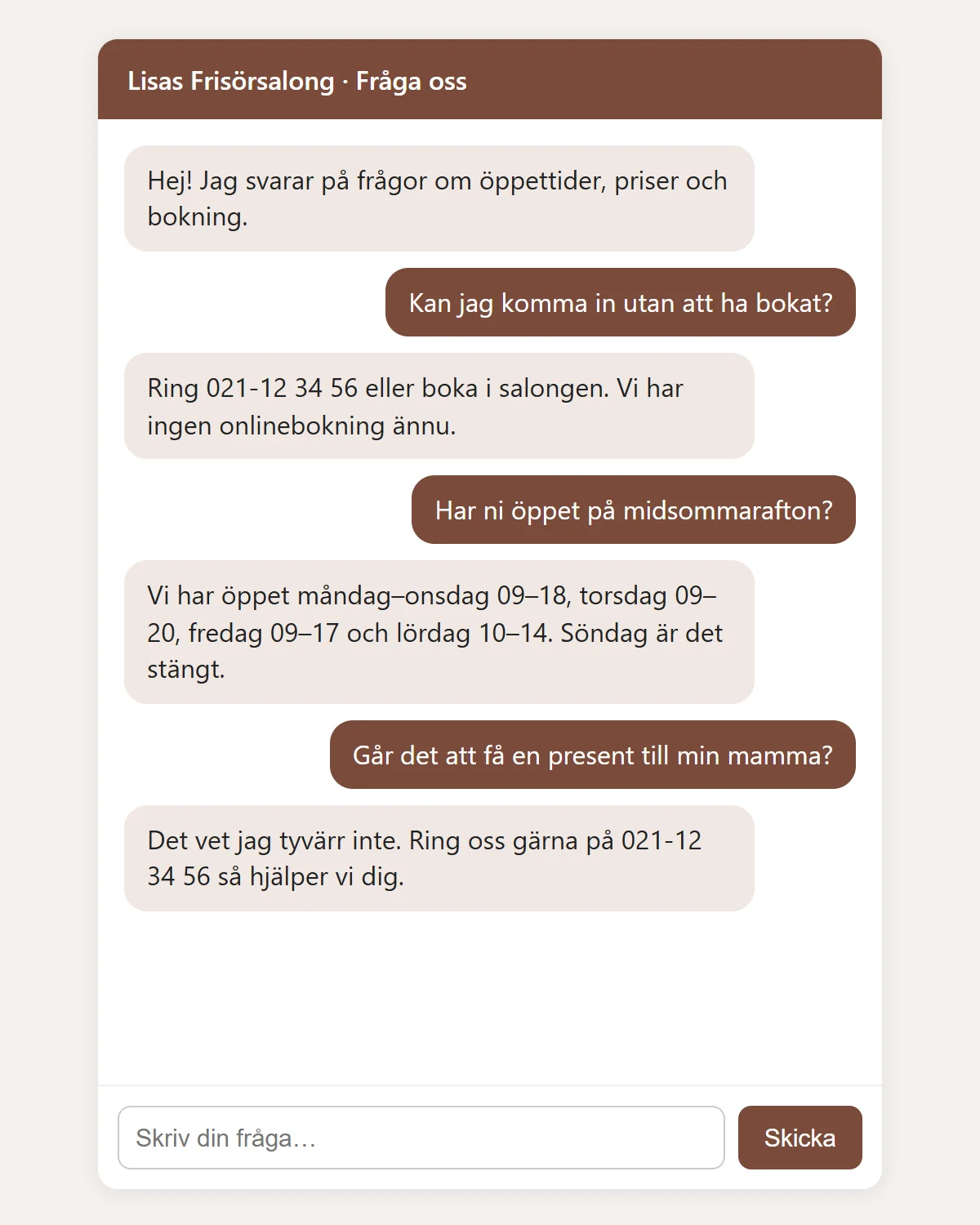 Gratisvarianten svarar om bokning på en fråga om drop-in, med vanliga öppettider på en fråga om midsommarafton och att den inte vet på en fråga om present.