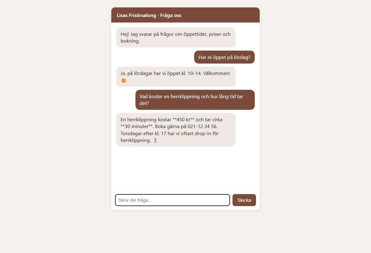 Chattfönstret där botens svar innehåller dubbla asterisker runt 450 kr och 30 minuter samt en emoji.