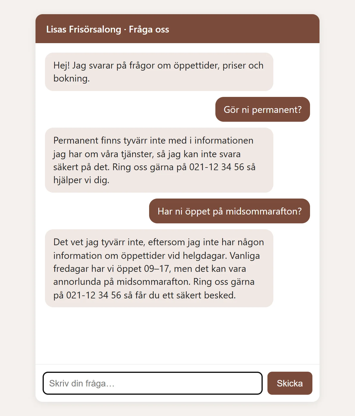 Boten svarar att permanent inte finns i tjänstelistan och att den saknar information om helgdagar, och hänvisar båda gångerna till telefonnumret.