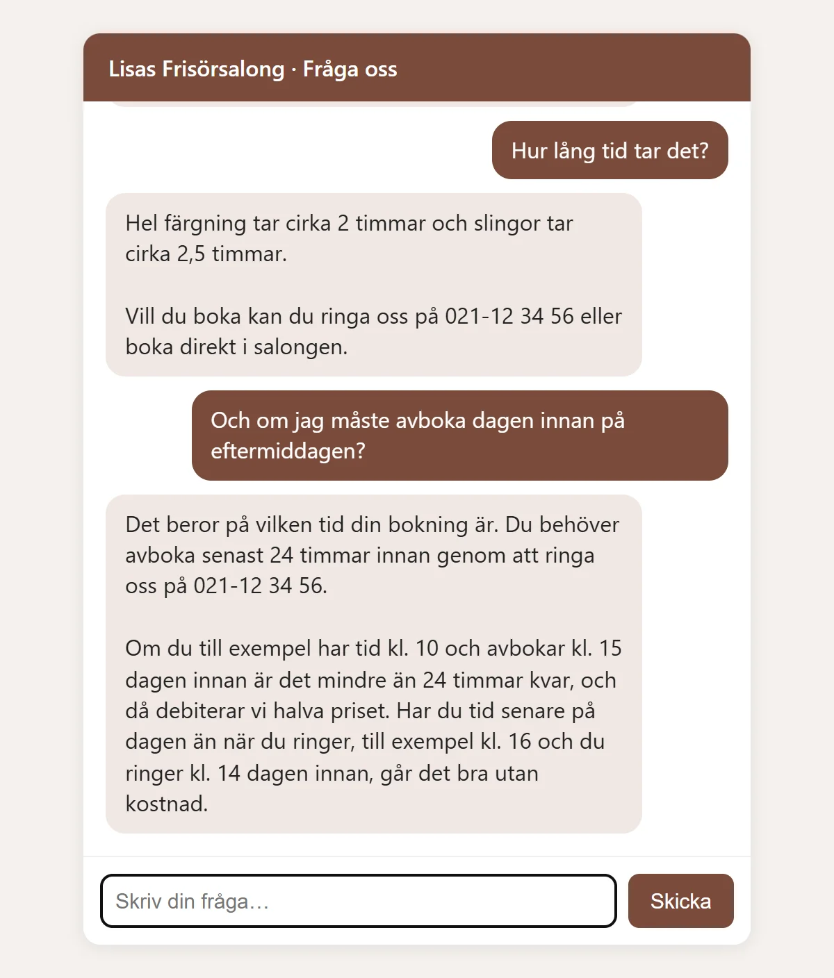 Ett samtal om färgning där boten förstår följdfrågan om tid och förklarar avbokningsregeln med två räkneexempel.