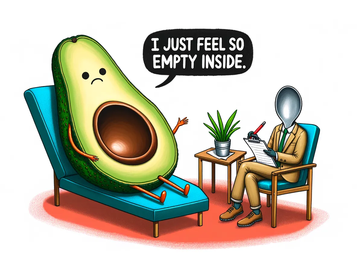 Avokado i terapeut-stol som säger "I just feel so empty inside" — kärnan saknas, en sked tar anteckningar.