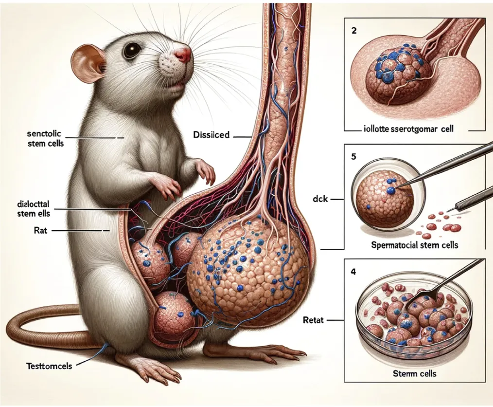 Tecknad råtta med groteskt överdimensionerade, anatomiskt omöjliga testiklar, märkt med nonsens-biologi-termer.
