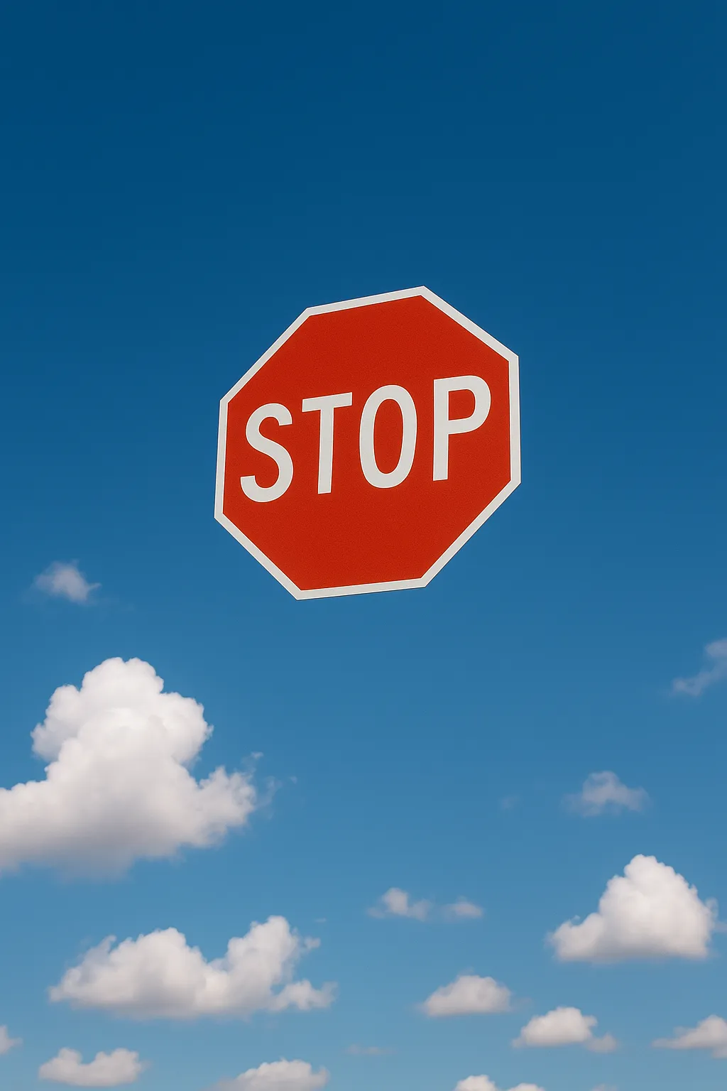 Nästan fotorealistisk stoppskylt som svävar i blå himmel.