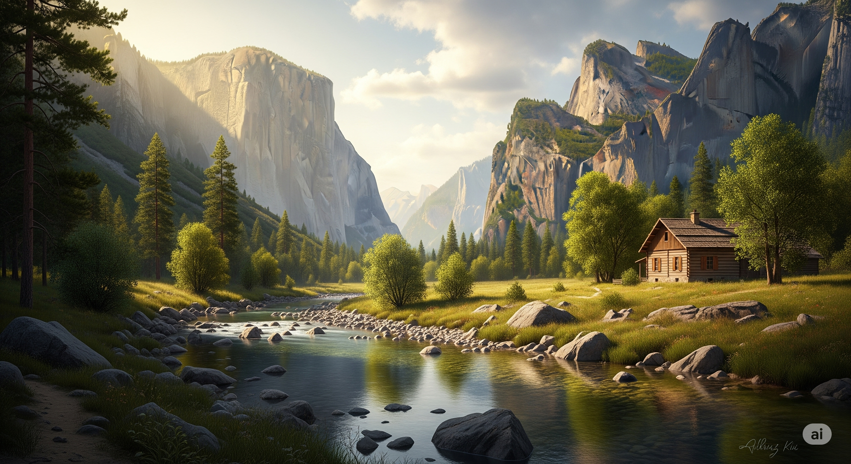 Yosemite-liknande dal med gyllene eftermiddagsljus, flod och tallskog i målerisk Albert Bierstadt-stil.