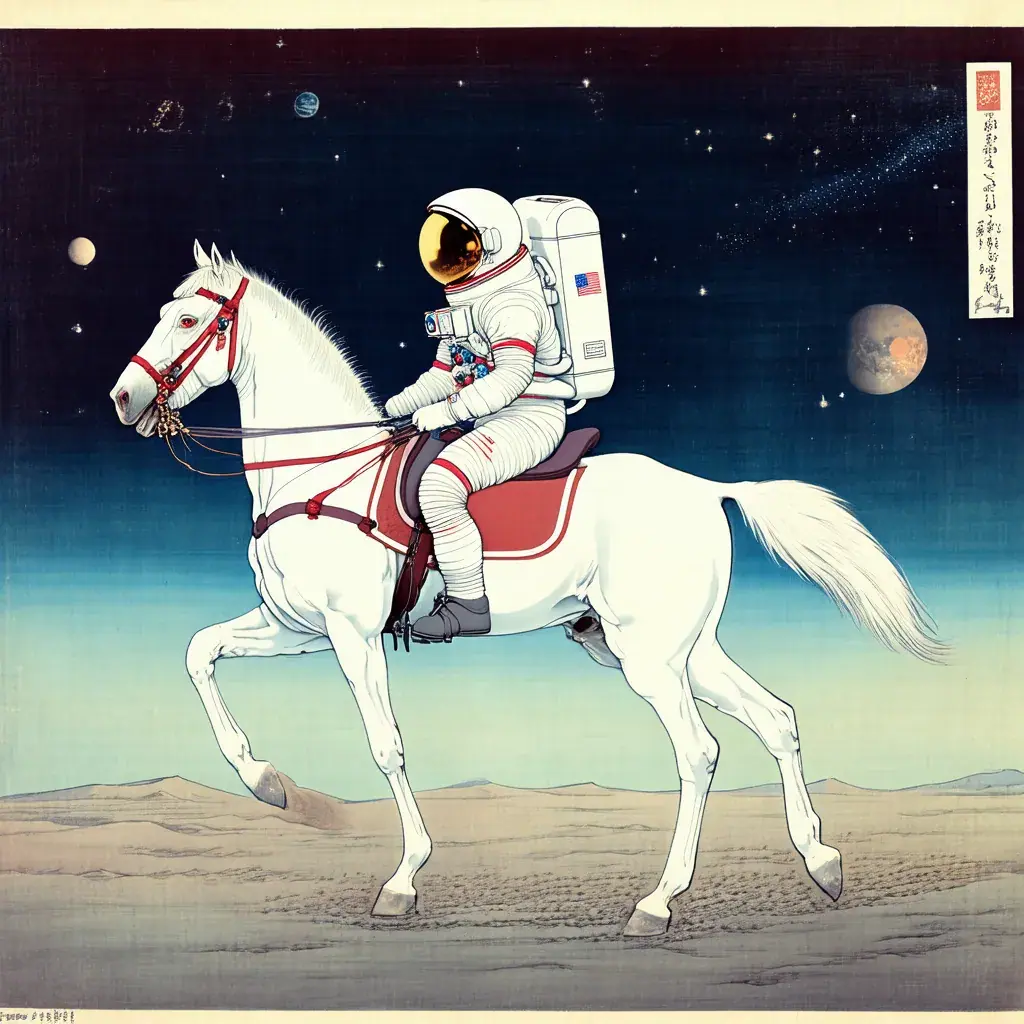 Astronaut till häst i japansk trävoodblock-stil i stil med Hiroshige.