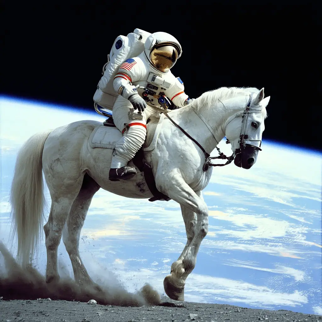 Fotorealistisk astronaut på häst — samma prompt, senaste SD-generationen.