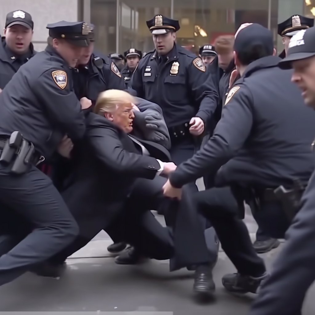 Donald Trump som hålls fast av poliser i uniform.